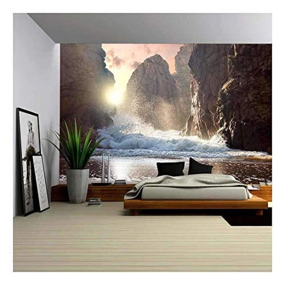 wall26 - Fantastic Big Rocks and Ocean Waves at Sundown Time. Dramatic Scene. Beauty World Landscape. - Removable Wall Mural | Self-Adhesive Large Wallpaper - 66x96 inches