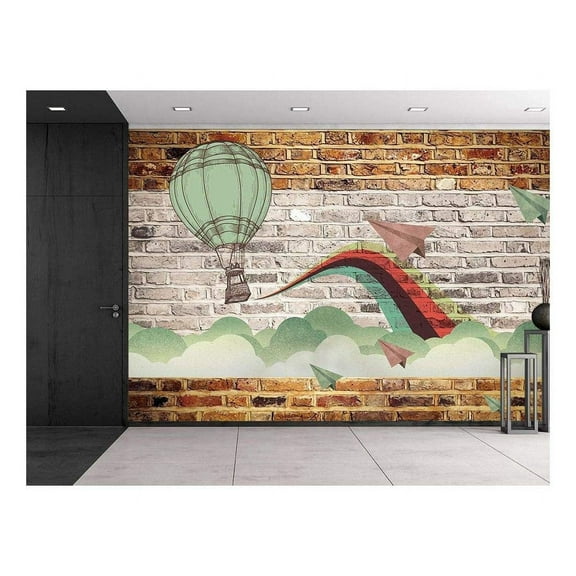 wall26 Faux Brick Wall Pattern with Painted Mural - Whimsical hot air Baloon and Paper Airplanes Design Breaking Through Clouds - Wall Mural, Removable Sticker, Home Decor - 100x144 inches