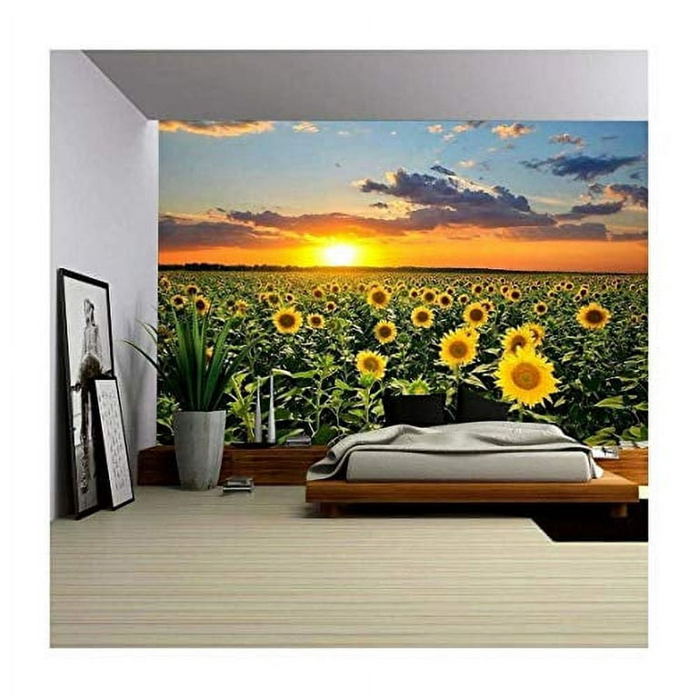 wall26 - Field of Blooming Sunflowers on a Background Sunset - Removable  Wall Mural