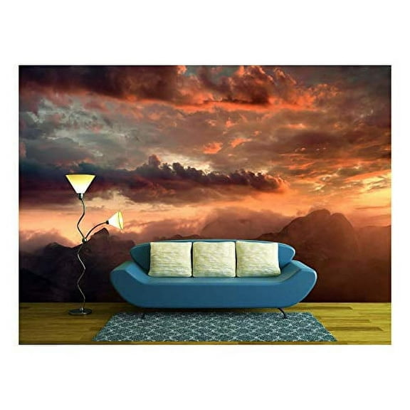 wall26 - Fiery Sunset Over The Mountain Peaks with Dramatic Cloud Formation - Removable Wall Mural | Self-Adhesive Large Wallpaper - 100x144 inches