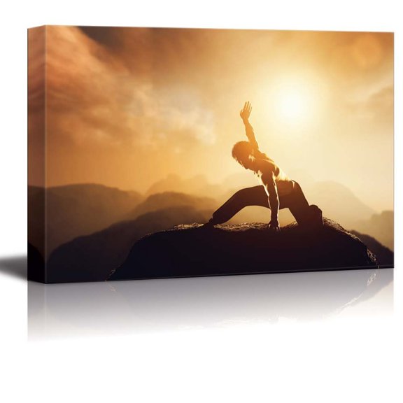 wall26 Fighter Practices Martial Arts in High Mountains at Sunset Kung Fu and Karate Pose - Canvas Art Wall Art - 12" x 18"