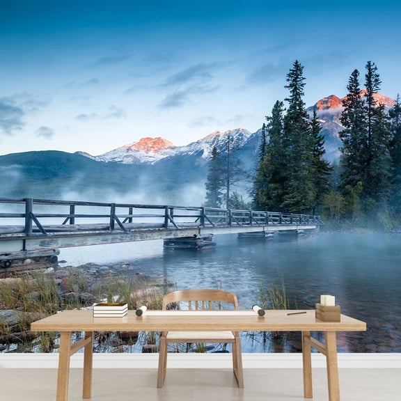wall26 - First Glimpse of a Golden Sunrise on a Misty and Foggy Morning at Pyramid Lake in Jasper National Par - Removable Wall Mural | Self-Adhesive Large Wallpaper - 100x144 inches