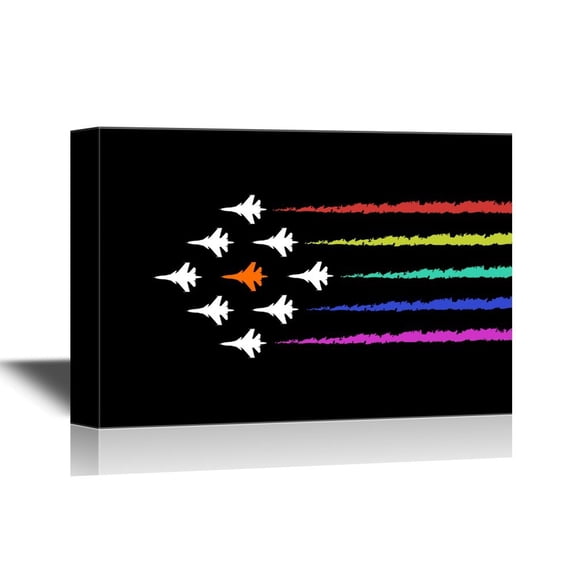 wall26 - Flight Canvas Wall Art - Group of Airplanes Flying with Colorful Strips - Gallery Wrap Modern Home Art | Ready to Hang - 24x36 inches