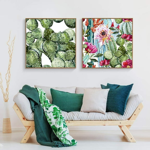 wall26 Floating Framed Canvas Wall Art for Living Room, Bedroom Green Plant Cactus Canvas Prints for Home Decoration Ready to Hang - 24"x24"x2 Panels