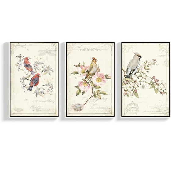 wall26 Floating Framed Canvas Wall Art for Living Room, Bedroom Vintage Bird Flower Canvas Prints for Home Decoration Ready to Hang - 16"x24"x3 Panels