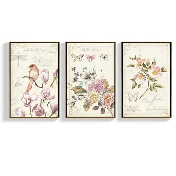 wall26 Floating Framed Canvas Wall Art for Living Room, Bedroom Vintage Bird Flower Canvas Prints for Home Decoration Ready to Hang - 16"x24"x3 Panels