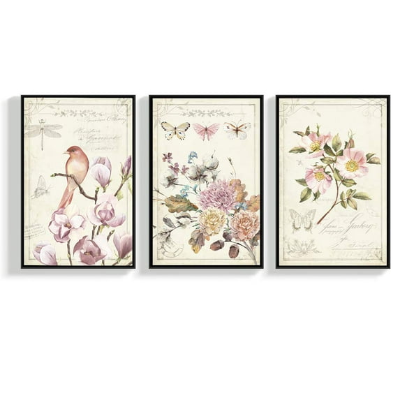 wall26 Floating Framed Canvas Wall Art for Living Room, Bedroom Vintage Bird Flower Canvas Prints for Home Decoration Ready to Hang - 16"x24"x3 Panels