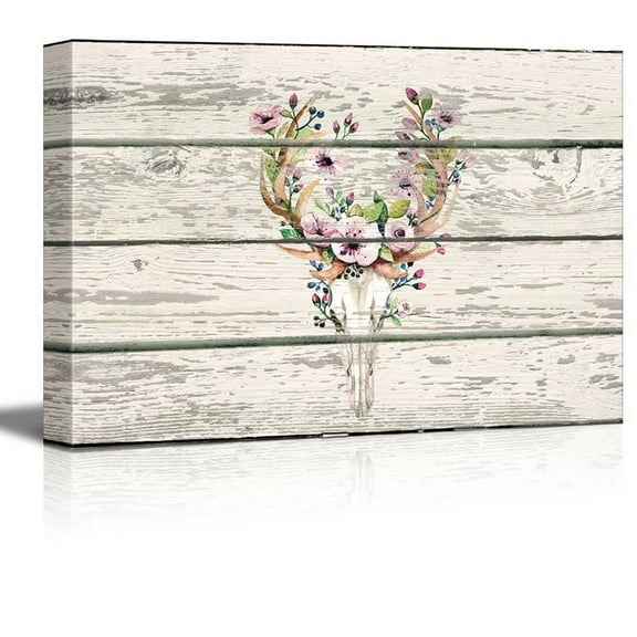 wall26 - Flowering Deer Skull - Western Floral Artwork - Rustic Canvas Wall Art Home Art - 16x24 inches