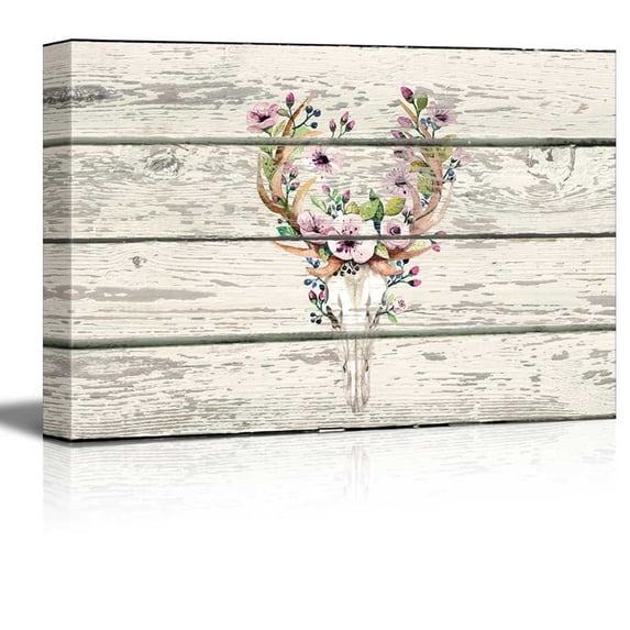 wall26 - Flowering Deer Skull - Western Floral Artwork - Rustic Canvas Wall Art Home Art - 16x24 inches