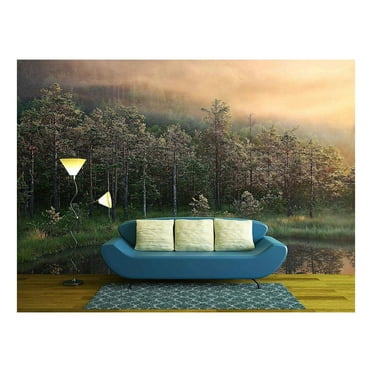 wall26 - Forest and a Small Pond at The First ray of Light on a Foggy Morning - Removable Wall Mural | Self-Adhesive Large Wallpaper - 100x144 inches