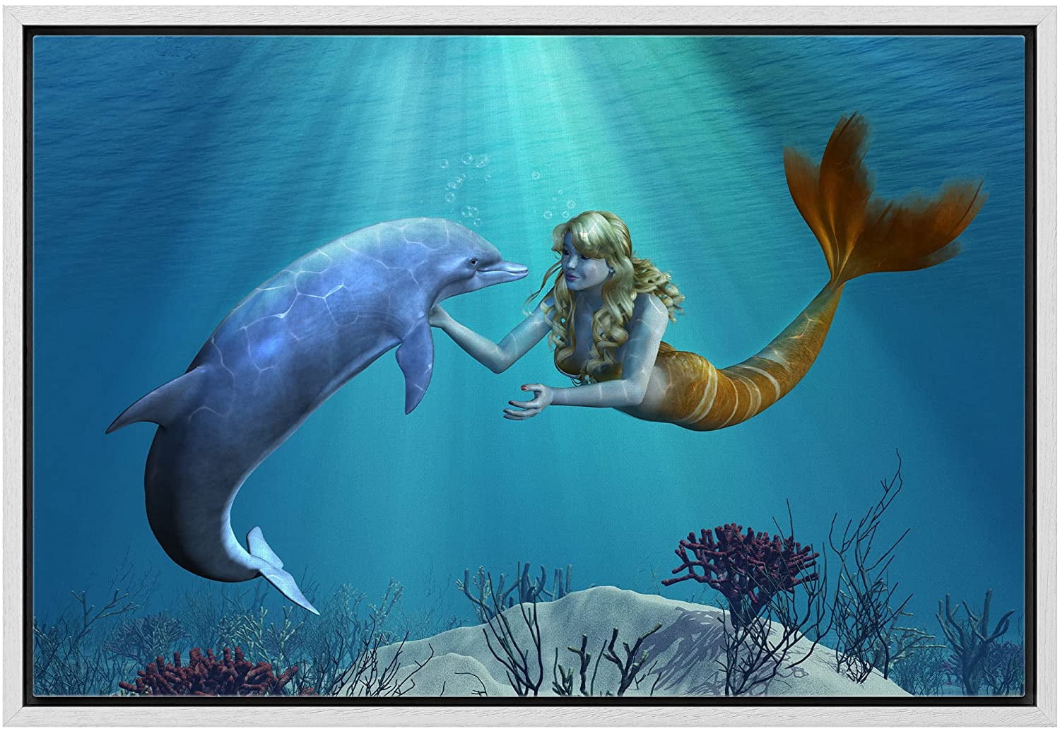 wall26 Framed Canvas Print Wall Art 3D Dolphin and Mermaid Under