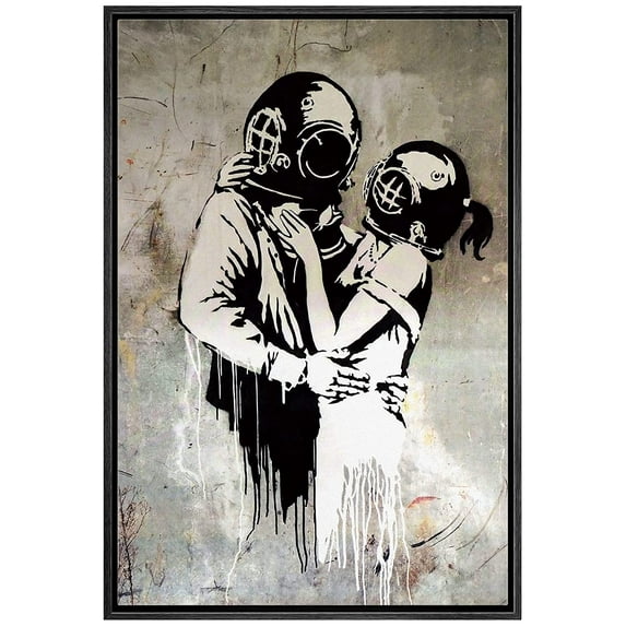 wall26 Framed Canvas Print Wall Art Banksy British Artist Deep Sea Diver Lovers Spray Paint Graffiti & Street Art Urban Illustration Modern Art Boho for Living Room, Bedroom, Office - 16"x24