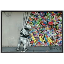 wall26 Framed Canvas Print Wall Art Banksy British Artist Kid Spray Paint Curtain Illusion Graffiti & Street Art Urban Illustrations Modern Art Boho for Living Room, Bedroom, Office - 24"x36