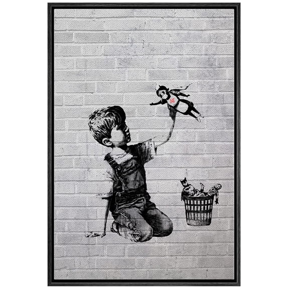 wall26 Framed Canvas Print Wall Art Banksy British Artist Spray Paint Kid Superhero Nurse Toy Graffiti &amp; Street Art Urban Illustrations Modern Art for Living Room, Bedroom, Office - 16"x24&q