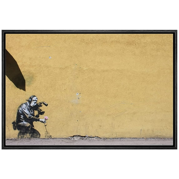 wall26 Framed Canvas Print Wall Art Banksy Camera Mean Pulls Pink Flower Graffiti & Street Art Pop Culture Illustrations Pop Art Bohemian Dark for Living Room, Bedroom, Office - 16"x24"