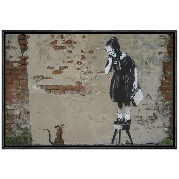 wall26 Framed Canvas Print Wall Art Banksy England United Kingdom Girl & Mouse Rat Graffiti & Street Art Cities Photography Modern Art Boho Edgy for Living Room, Bedroom, Office - 16"x24