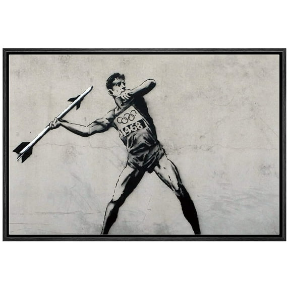 wall26 Framed Canvas Print Wall Art Banksy England United Kingdom Olympian with Rocket Graffiti & Street Art Cities Photography Modern Art Boho Edgy for Living Room, Bedroom, Office - 16"x24