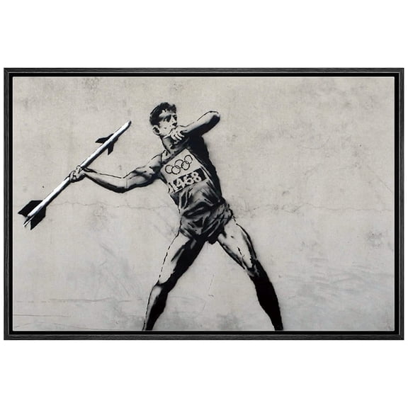 wall26 Framed Canvas Print Wall Art Banksy England United Kingdom Olympian with Rocket Graffiti & Street Art Cities Photography Modern Art Boho Edgy for Living Room, Bedroom, Office - 16"x24