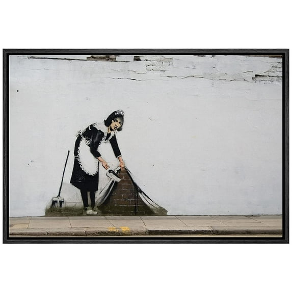 wall26 Framed Canvas Print Wall Art Banksy Maid Sweeping Under Rug Graffiti & Street Art Pop Culture Illustrations Pop Art Bohemian Multicolor Dark for Living Room, Bedroom, Office - 24"x36&
