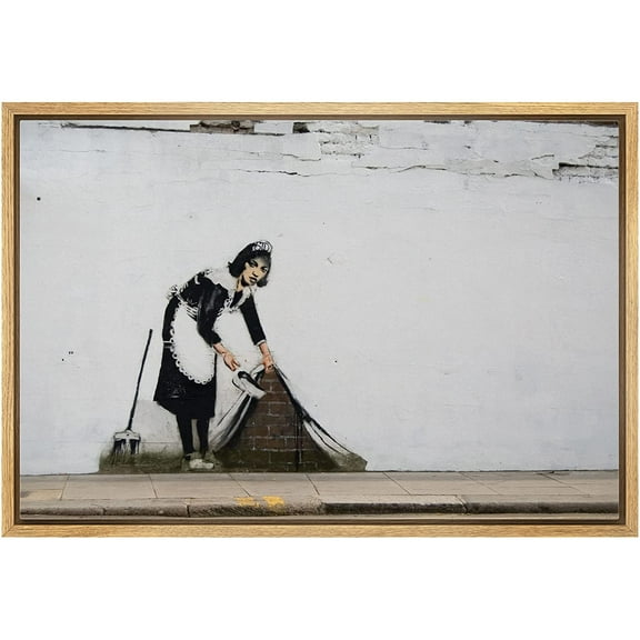 wall26 Framed Canvas Print Wall Art Banksy Maid Sweeping Under Rug Graffiti &amp; Street Art Pop Culture Illustrations Pop Art Bohemian Multicolor Dark for Living Room, Bedroom, Office - 24"x36&