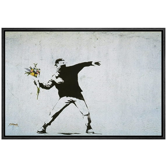 wall26 Framed Canvas Print Wall Art Banksy Man Throws Yellow Flower Bouquet Graffiti & Street Art Pop Culture Illustrations Pop Art Bohemian Dark for Living Room, Bedroom, Office - 24"x36&qu