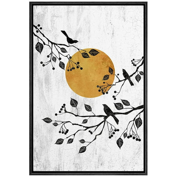 wall26 Framed Canvas Print Wall Art Birds in Forest Woodland Trees with Sun Nature Animals Digital Art Modern Art Rustic Relax/Calm Multicolor for Living Room, Bedroom, Office - 24"x36" Bla