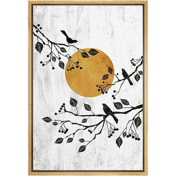wall26 Framed Canvas Print Wall Art Birds in Forest Woodland Trees with Sun Nature Animals Digital Art Modern Art Rustic Relax/Calm Multicolor for Living Room, Bedroom, Office - 24"x36" Nat