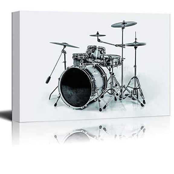 wall26 Framed Canvas Print Wall Art Black & White Chrome Drum Set Music Instruments Photography Realism Bohemian Scenic Relax/Calm Dark for Living Room, Bedroom, Office - 12x18