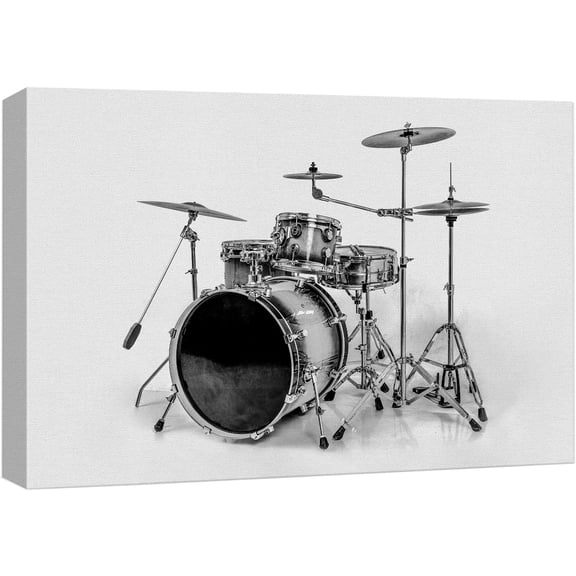 wall26 Framed Canvas Print Wall Art Black & White Chrome Drum Set Music Instruments Photography Realism Bohemian Scenic Relax/Calm Dark for Living Room, Bedroom, Office - 24"x36"