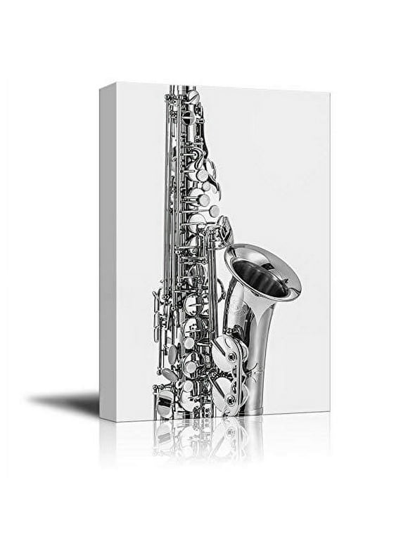 wall26 Framed Canvas Print Wall Art Black &amp; White Chrome Saxophone Close Up Music Instruments Photography Realism Bohemian Scenic Relax/Calm Dark for Living Room, Bedroom, Office - 16&quot;x24&qu