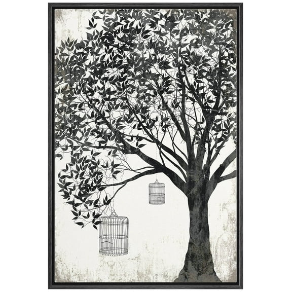 wall26 Framed Canvas Print Wall Art Black &amp; White Tree with Hanging Birdcages Floral Nature Illustrations Modern Art Rustic Dramatic for Living Room, Bedroom, Office - 16"x24" Black