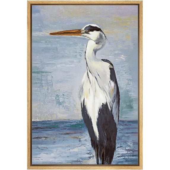wall26 Framed Canvas Print Wall Art Blue Beach Wave Ocean Sea Crane Bird Nature Wilderness Illustrations Modern Art Decorative Rustic Relax/Calm for Living Room, Bedroom, Office - 24"x36" N