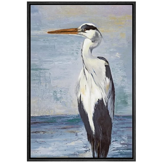 wall26 Framed Canvas Print Wall Art Blue Beach Wave Ocean Sea Crane Bird Nature Wilderness Illustrations Modern Art Decorative Rustic Relax/Calm for Living Room, Bedroom, Office - 16"x24" B