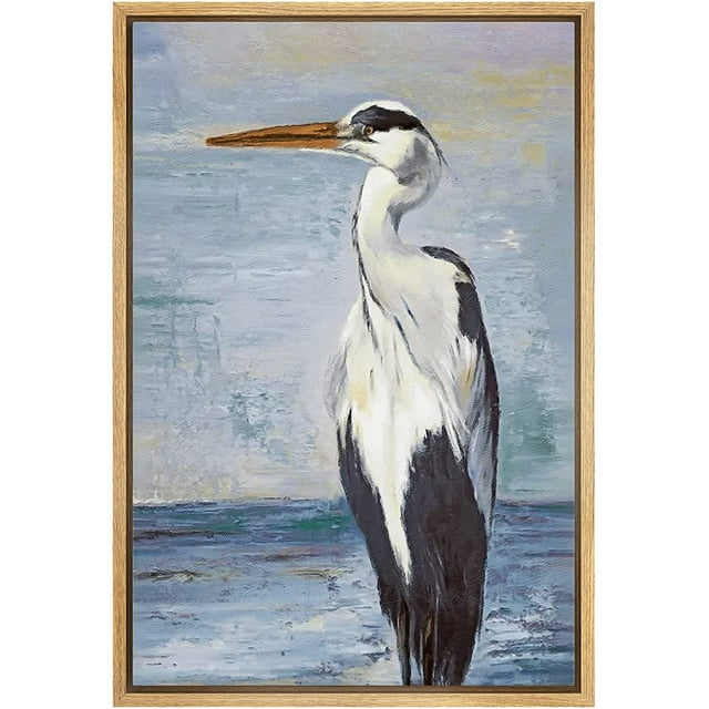wall26 Framed Canvas Print Wall Art Blue Beach Wave Ocean Sea Crane Bird Nature Wilderness Illustrations Modern Art Decorative Rustic Relax/Calm for Living Room, Bedroom, Office - 24&quot;x36&quot; N