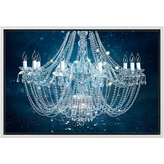 wall26 Framed Canvas Print Wall Art Blue Glitter Fancy White Crystal Chandelier Decorative Lights Digital Art Realism Contemporary Chic Relax/Calm for Living Room, Bedroom, Office - 16"x24"