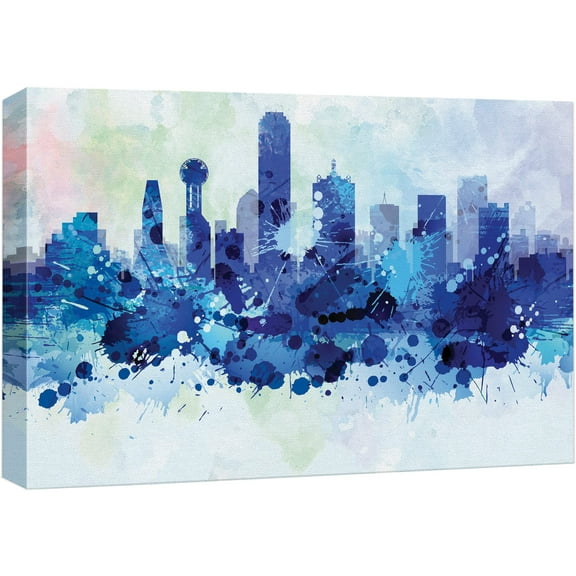wall26 Framed Canvas Print Wall Art Blue Watercolor Explosion Dallas, Texas Architecture & Maps Cities Digital Art Realism Modern Scenic Colorful for Living Room, Bedroom, Office - 12"x18&qu