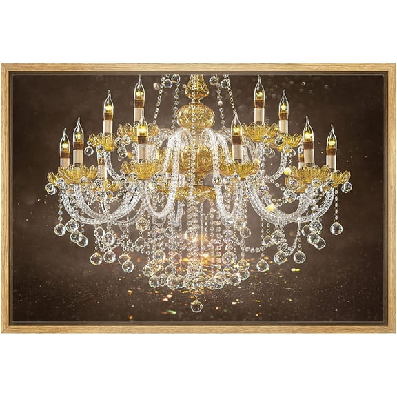 wall26 Framed Canvas Print Wall Art Brown Paint Stroke Gold Crystal Chandelier Decorative Lights Digital Art Realism Contemporary Chic Relax/Calm for Living Room, Bedroom, Office - 16"x24"