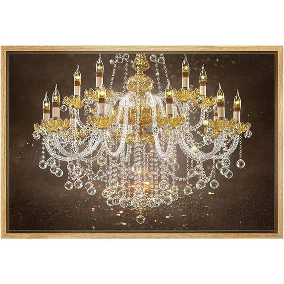 wall26 Framed Canvas Print Wall Art Brown Paint Stroke Gold Crystal Chandelier Decorative Lights Digital Art Realism Contemporary Chic Relax/Calm for Living Room, Bedroom, Office - 16"x24"