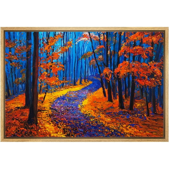 wall26 Framed Canvas Print Wall Art Brushstroke Effect Red &amp; Blue Autumn Forest Nature Wilderness Illustrations Modern Art Rustic Scenic Multicolor for Living Room, Bedroom, Office - 16"x24&