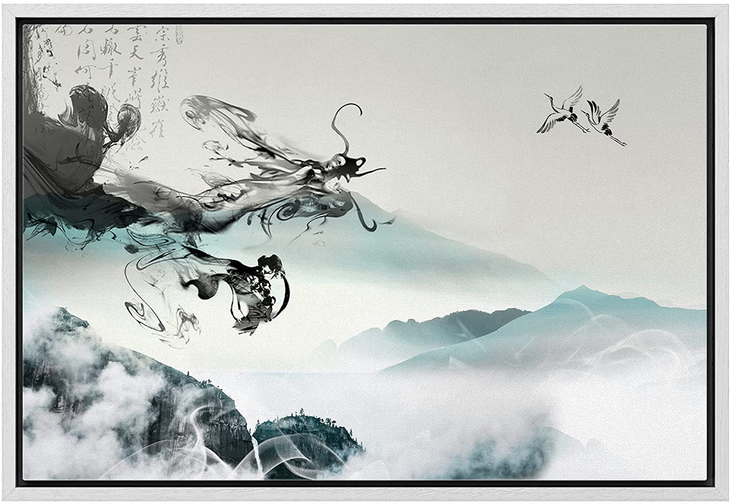 wall26 Framed Canvas Print Wall Art Chinese Ink Smoke Dragon and