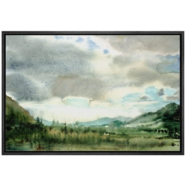 wall26 Framed Canvas Print Wall Art Cloudy Blue Sky Green Forest Valley Nature Wilderness Illustrations Fine Art Farmhouse/Country Decorative Rustic for Living Room, Bedroom, Office - 16&quot;x24&quo