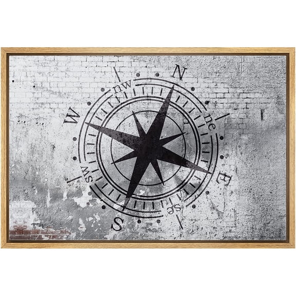 wall26 Framed Canvas Print Wall Art Compass on Gritty Gray City Brick Wall Abstract Shapes Digital Art Graffiti &amp; Street Art Scenic Cityscape for Living Room, Bedroom, Office - 16"x24"