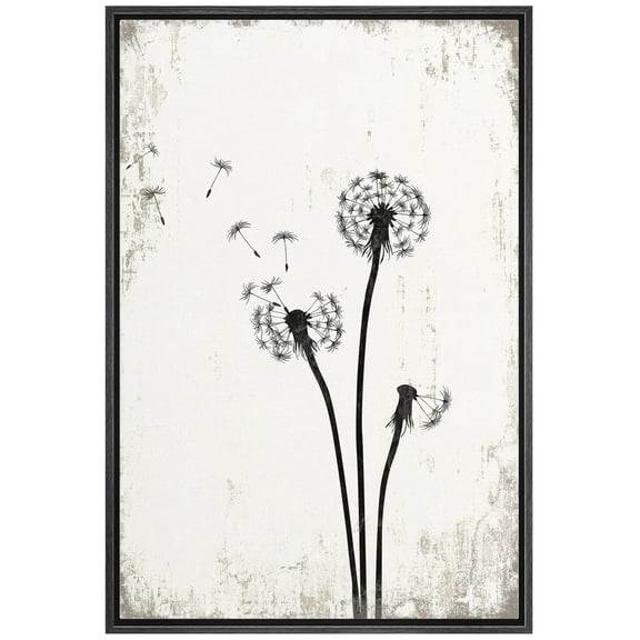 wall26 Framed Canvas Print Wall Art Dandelions in The Wind with Grunge Background Floral Nature Illustrations Modern Art Rustic Dramatic for Living Room, Bedroom, Office - 24"x36" Black