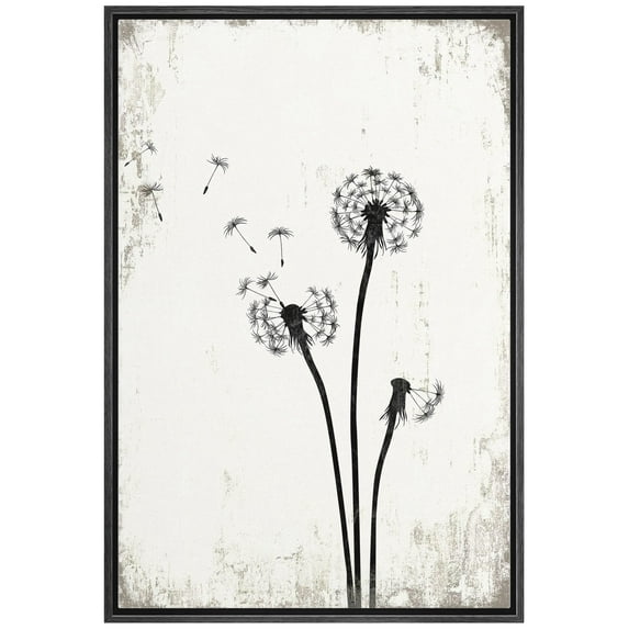 wall26 Framed Canvas Print Wall Art Dandelions in The Wind with Grunge Background Floral Nature Illustrations Modern Art Rustic Dramatic for Living Room, Bedroom, Office - 16"x24" Black