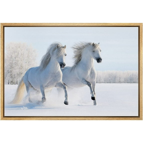 wall26 Framed Canvas Print Wall Art Duo of White Stallion in Snowy Winter Forest Field Animals Wildlife Realism Rustic Scenic Nature Chic Colorful for Living Room, Bedroom, Office - 24"x36"