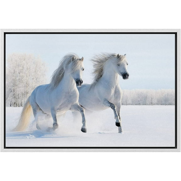 wall26 Framed Canvas Print Wall Art Duo of White Stallion in Snowy Winter Forest Field Animals Wildlife Realism Rustic Scenic Nature Chic Colorful for Living Room, Bedroom, Office - 24"x36"