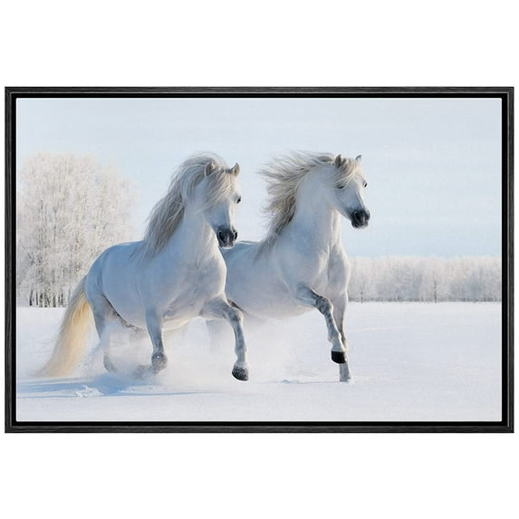 wall26 Framed Canvas Print Wall Art Duo of White Stallion in Snowy Winter Forest Field Animals Wildlife Realism Rustic Scenic Nature Chic Colorful for Living Room, Bedroom, Office - 24"x36"