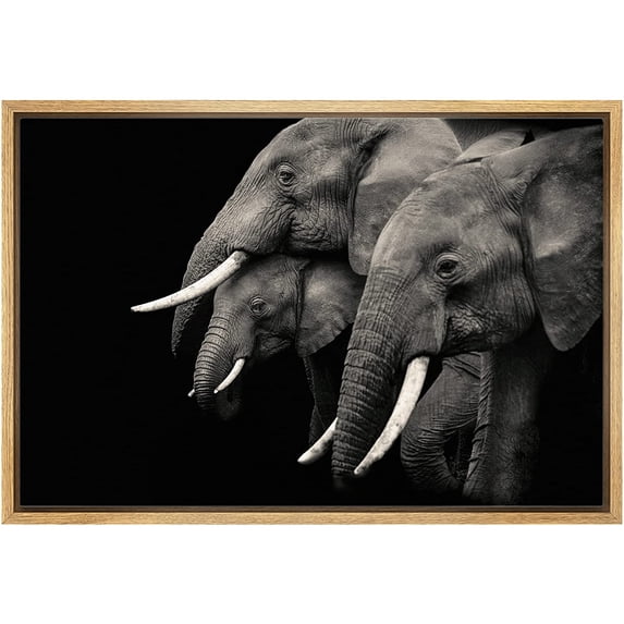 wall26 Framed Canvas Print Wall Art Duotone Dark Elephant Family Trio Portrait Nature Animals Photography Realism Rustic Scenic Landscape Colorful for Living Room, Bedroom, Office - 16"x24"