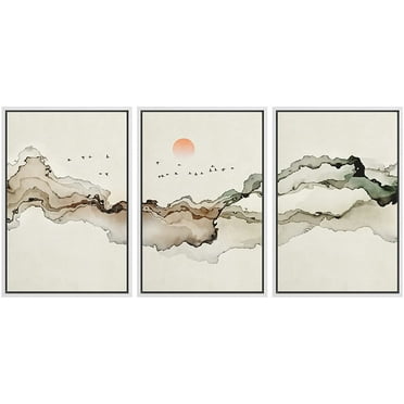 wall26 Framed Canvas Print Wall Art Geometric Watercolor Smoke Wave Bird Sky Abstract Shapes Illustrations Modern Art Decorative Boho Multicolor for Living Room, Bedroom, Office - 24&quot;x36&quot;x3
