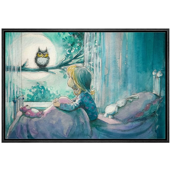 wall26 Framed Canvas Print Wall Art Girl in Bed Looks at Forest Owl in Moonlight Kids Wilderness Illustrations Modern Art Rustic Scenic Relax/Calm Zen for Living Room, Bedroom, Office - 16"x24&q
